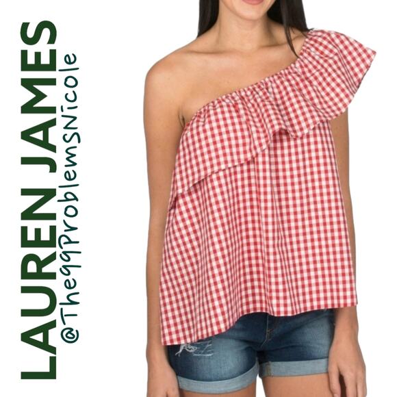 Lauren James Gingham Reagan Ruffle One Shoulder Top - Picture 1 of 5